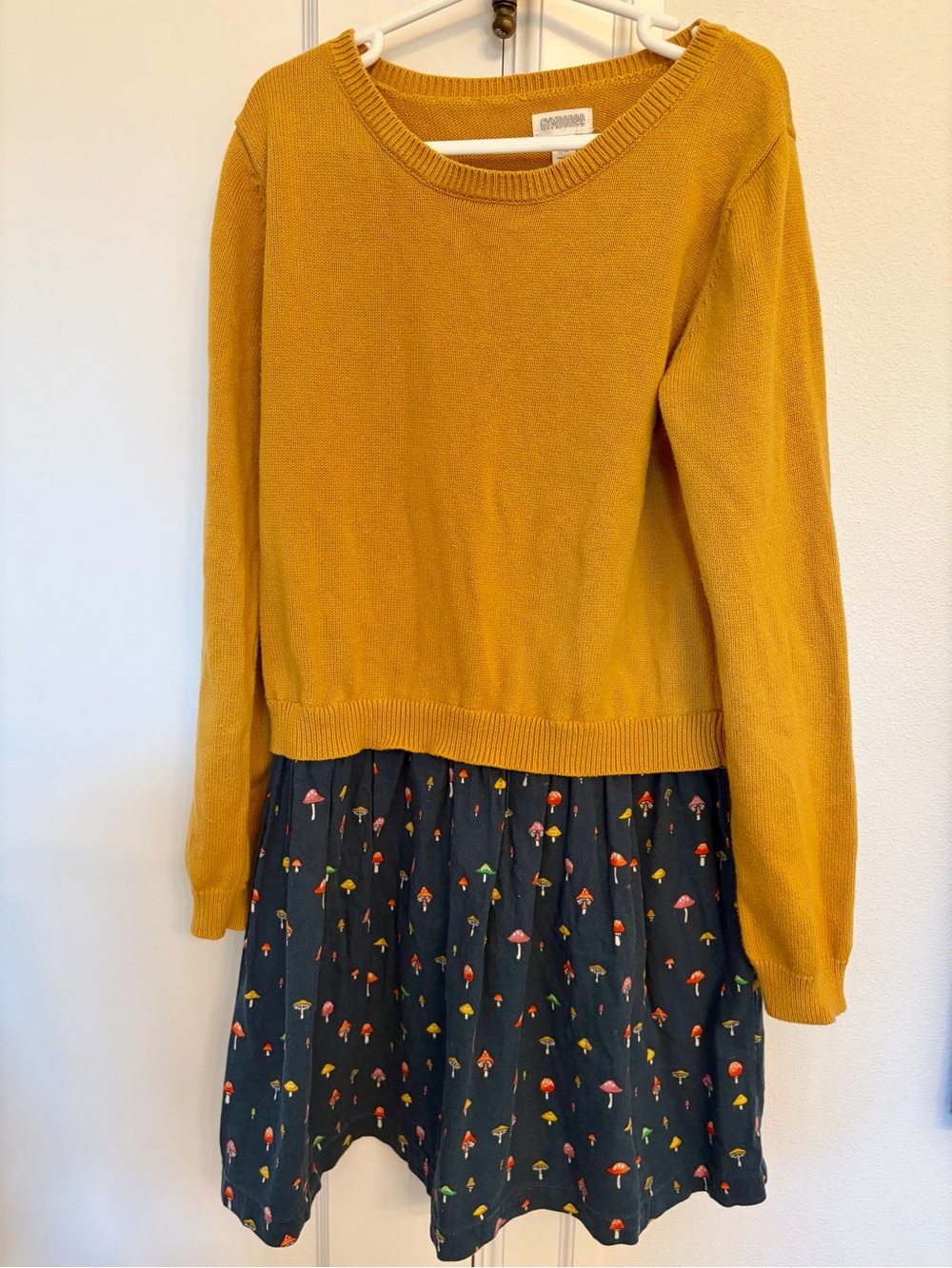 Gymboree Mustard Knit Top with Navy Mushroom Print Skirt